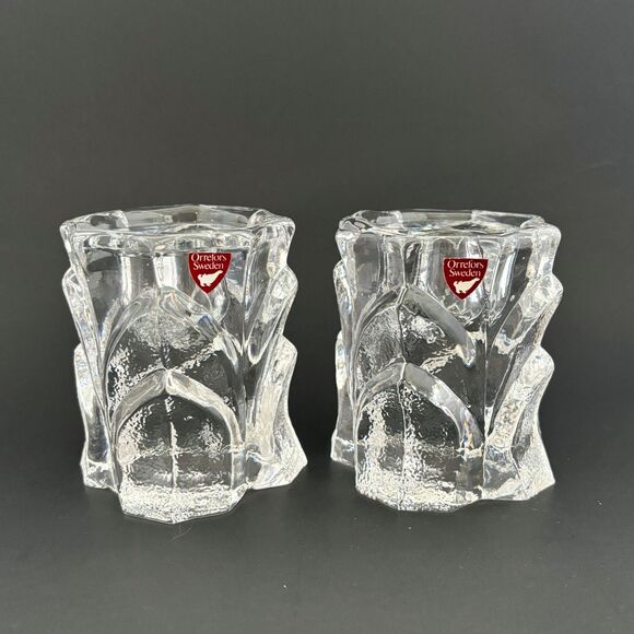 Orrefors Lars Hellsten Capella Candle Holders Crystal Sweden Textured Vintage - Picture 1 of 5